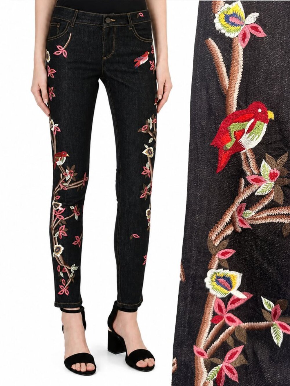 Alice + Olivia 'Jane' Bird And Floral Embroidered Skinny Jeans Washed Black 26